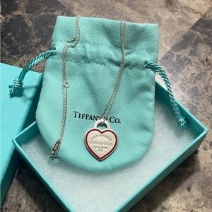 Tiffany & Co New 16-18” double small rtt hearts necklace w dark red enamel